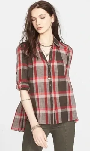 Free People Peppy in Plaid Red & Brown Plaid‎ Long Sleeve M thumbnail 1