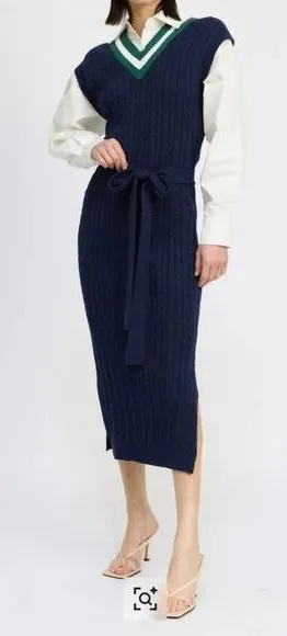En Saison Navy Cable‎ Knit Sweater Vest Shirt Dress Mixed Media Midi XS NEW thumbnail 1