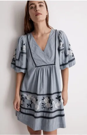 Madewell Embroidered Foldover V-Neck Mini Dress Terrace Blue Cotton Puff Sleeve thumbnail 1
