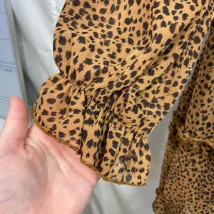 Women's brown leopard print ruffle deep v-neck flowy long‎ sleeve casual dress S thumbnail 2