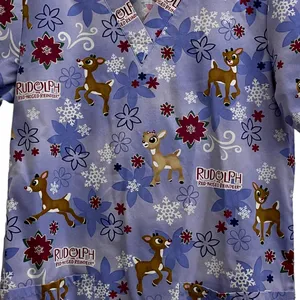 Rudolph Red Nosed Reindeer Christmas Purple Scrub Top XS X-Small thumbnail 2