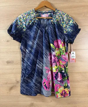 Koi by Kathy Peterson Floral Colorful Cotton Scrub Top Medium thumbnail 1