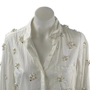 Anthropologie Maeve Women's White Beaded Long Sleeve Button Down Shirt Top XS thumbnail 2