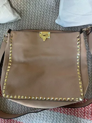 Pebbled Leather Shoulder Bag with Stud Trim in Taupe thumbnail 2