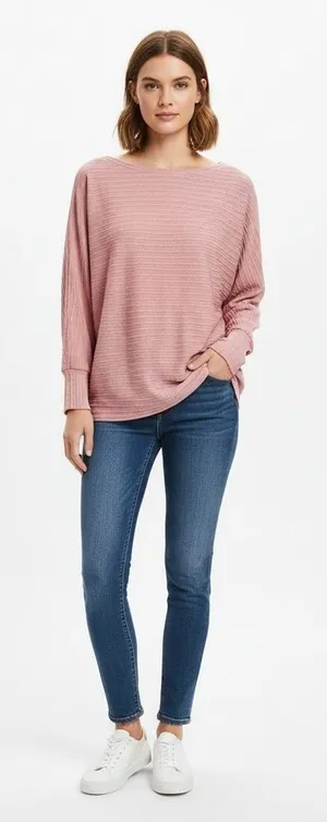 Dusty Pink‎ Boatneck Long Sleeve Ribbed Knit Top Lightweight Sweater thumbnail 1