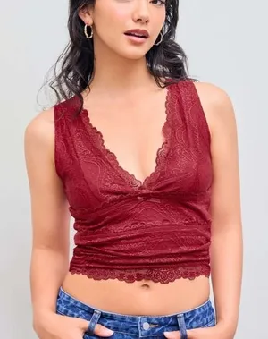 Cider Women's‎ Size S Lace Tank Top Burgundy Red Plunge Neck Y2K Euro Crop thumbnail 1