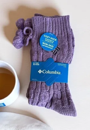 Columbia Cozy Socks Women's Lavender‎ Purple Pom Pom Non-Skid One Pair Size 4-10 thumbnail 1