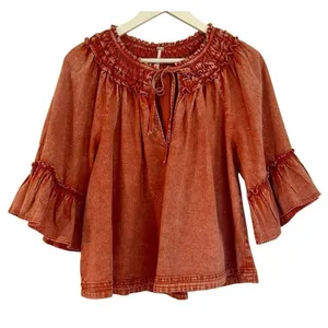 Free people orange mineral wash Ainsley ruffle blouse small thumbnail 3