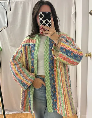 Handmade Quilted Patchwork Open Front 3/4 Sleeve Jacket thumbnail 1