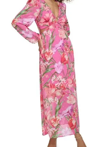 Pink Floral Midi Dress with Front Ring and Cutout Details thumbnail 1