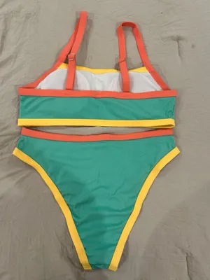 SHEIN Teal Bikini with Yellow and Coral Trim thumbnail 2