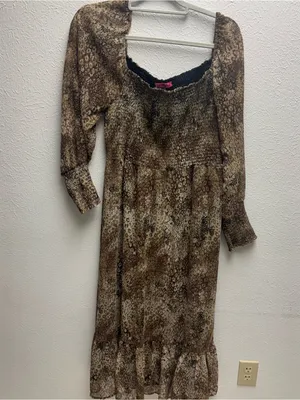 Betsey Johnson Large Brown Animal-print Smocked Maxi Dress With Sheer Sleeves thumbnail 2