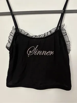 Dolls kill Sugar Thrillz Black Ruffle-Trim 'Sinner' Embroidered Cami thumbnail 2