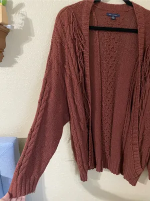 American Eagle Fringe Cable Knit Open Front Cardigan Rust Size XS/S Oversized thumbnail 11
