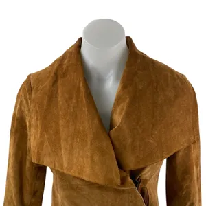 Women's Brown 100% Genuine Leather Long Sleeve Collared Crop Moto Coat Jacket S thumbnail 2