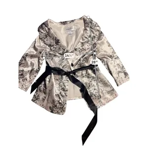 Victor Costa Silver Black Floral‎ Brocade Ruffle Collar Belted Evening Jacket 6 thumbnail 3