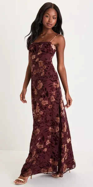 Lulus Effortless Celebration Burgundy Floral Burnout A-Line Dress Resort Small thumbnail 1