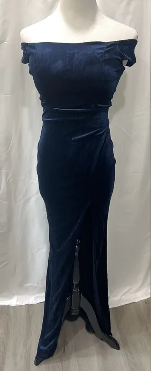 Crystal Doll Navy Velvet Off The Shoulder Formal Maxi Evening Gown Dress Size 1 thumbnail 1
