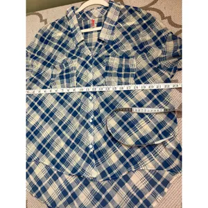 Free People Blue Cream Plaid Sheer Chiffon High Low Blouse Shirt Size Small thumbnail 9