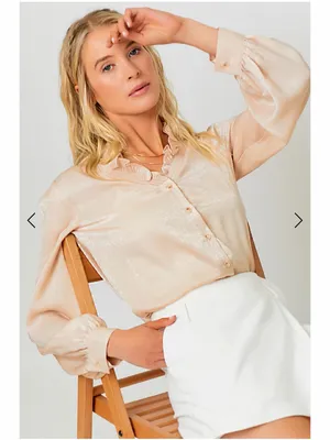Mystree Ivory Satin Ruffle Neck Blouse Balloon Sleeve Button Down Sz S NWT thumbnail 6