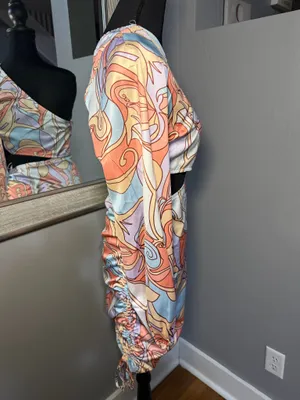 Hello Molly Listen To My Heart Groovy Satin Retro Swirl Dress Size XS. thumbnail 4