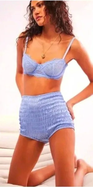 Free People Intimately Smocked Ruched Bloomer Shorts Blue High Waist XS NWOT thumbnail 1