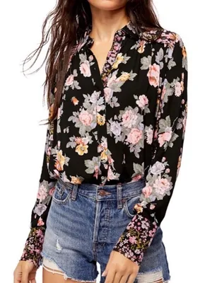Free People Hold Onto Me Floral Button‎ Down Top Size Medium Black thumbnail 1