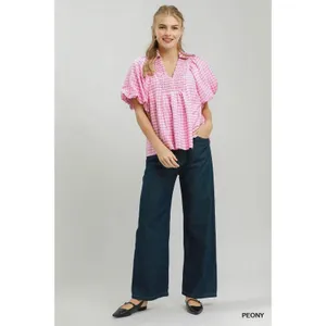 Umgee Smocked Yoke Puff Sleeve Gingham Blouse - Large thumbnail 4