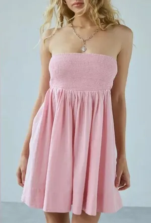 Urban Outfitters Pink Strapless Smocked Mini Dress thumbnail 1