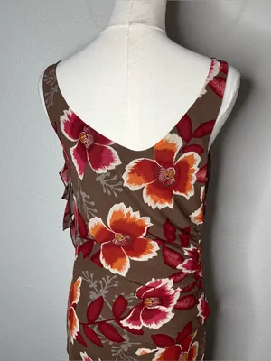 Y2K Vintage Bandolino Brown Red Large Floral Cowl Neck Draped Fairycore Dress thumbnail 6