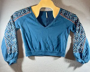 991 | Free‎ People Embroidered Balloon Sleeve Crop Sweatshirt Teal Blue Womens S thumbnail 1