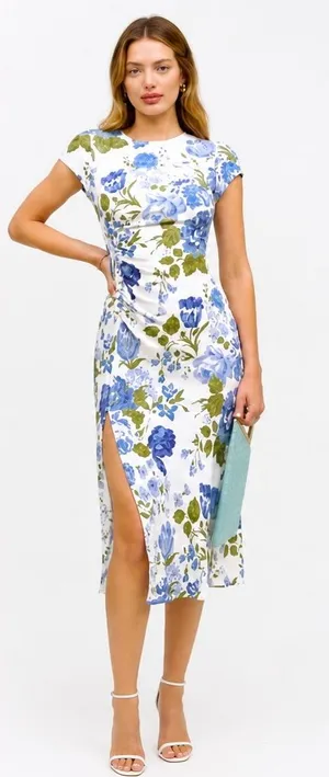 NWT Reformation Blue Floral Midi Dress Slit Ruched Cottagecore Wedding Guest thumbnail 1