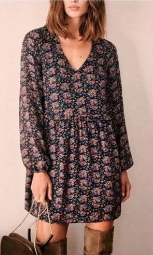 Sézane Penelope Silk Floral Mini Dress in Ochre V-Neck LS Cottagecore French XS thumbnail 1