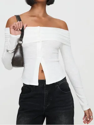 Princess Polly Victorea Off The Shoulder Long Sleeve White Top M thumbnail 1