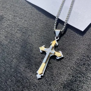 💎🩶 New Crystal Embellished Stainless Steel Two Tone Gold & Silver Edgy Crucifixion Cross Pendant Necklace 🩶💎 thumbnail 4