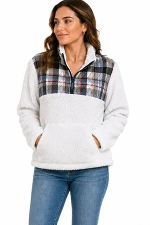 Vera Bradley Teddy Fleece Plaid Quarter Zip Pullover White Size M Casual Top thumbnail 1