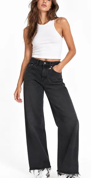 Zara Womens Black Wide Leg Jeans 8 High Rise Raw Hem Cropped Frayed Denim Y2K thumbnail 1