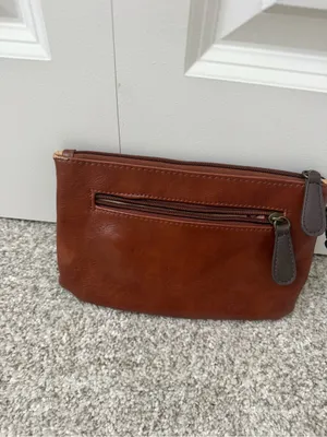 Vintage 1990s Stone Mountain Brown Two-Tone Faux Leather 9" Wristlet Clutch thumbnail 4