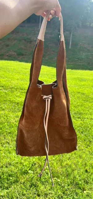 Clarks Brown Suede Leather Bucket Bag Drawstring Hobo Tote Tan Handle thumbnail 1