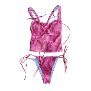 Zaful‎ Red Gingham Tankini Set Tie Shoulder Lace Up Back Swimsuit US 8 New thumbnail 2