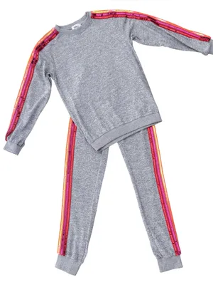 Lola And The Boys Heather Grey Rainbow Sequins Crew Neck Joggers Knit Set Small thumbnail 2