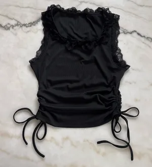 Y2K Black Ribbed Lace Trim Top Ruched Side Drawstring Size Medium thumbnail 1