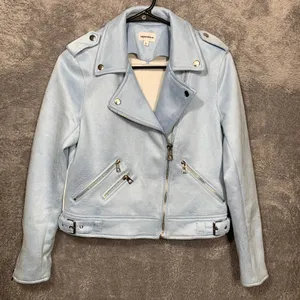 Superdown Women's Moto Jacket Small Light Blue Faux Suede Biker Coat Polyester B thumbnail 1