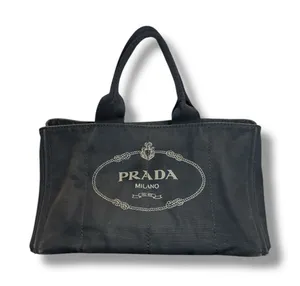 Prada Canapa Large GM Black Denim Canvas Tote Bag Distressed Vintage Italy thumbnail 1