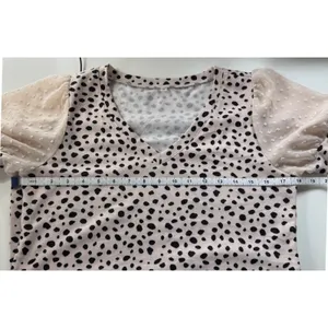 Tan Beige Black Dalmatian Print V Neck Blouse Sheer Swiss Dot Mesh Puff Sleeve S thumbnail 7