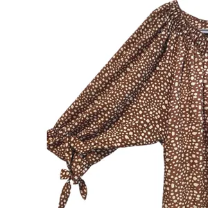 Paisley Vine Tunic Top Brown Boho Smocked Neck Tie Cuff Polka‎ Dot Womens Large thumbnail 4