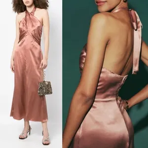Reformation Maddison Silk Dress Praline Pink Brown Halter Midi Womens 12 NEW thumbnail 10