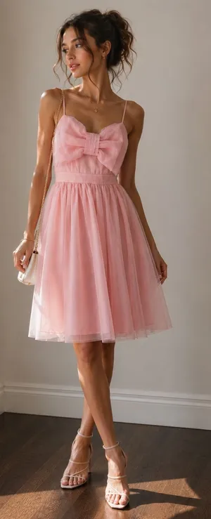 AURA Tulle Bow‎ Midi Dress Womens Small Pink Sweetheart Balletcore Coquette thumbnail 1