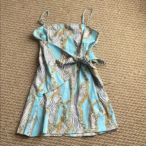 Show Me Your MuMu Blue and Gold Ruffled Wrap Dress thumbnail 1