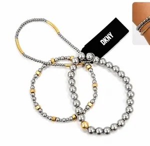 DKNY Bracelet Set 3-Piece Stretch Beaded Stackable Silver Gold mixed metals $48 thumbnail 1